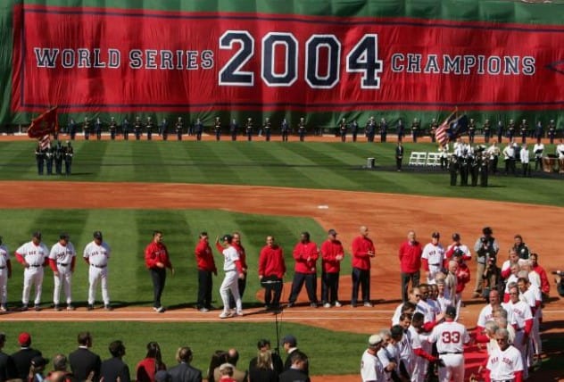 Boston Red Sox celebrating their 2004 World Series win