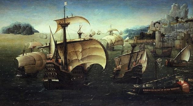 Portuguese Carracks off a Rocky Coast