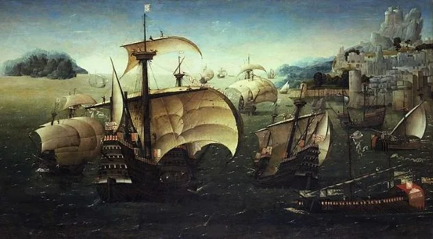 Portuguese Carracks off a Rocky Coast