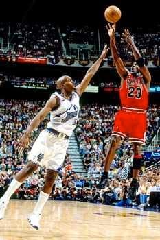 Michael Jordan shooting over Bryon Russell