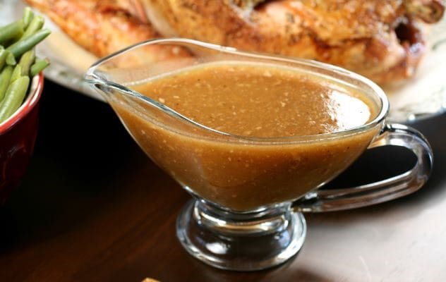 A bowl of hot turkey gravy