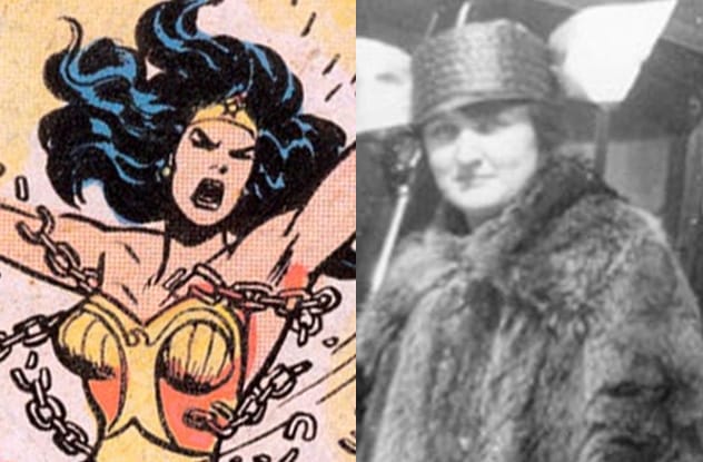 Wonder Woman comic art alongside photos of Elizabeth Marston and Olive Byrne