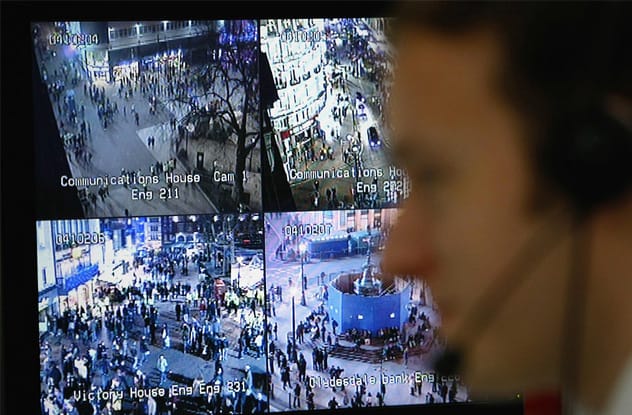 Multiple CCTV cameras mounted on a building exterior