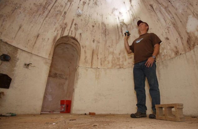 The entrance shaft and spiral staircase leading down into an underground bomb shelter