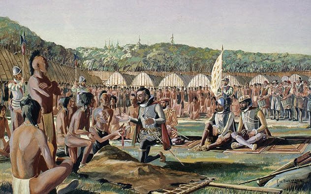 Jacques Cartier meeting Native Americans, an early European encounter with scalps