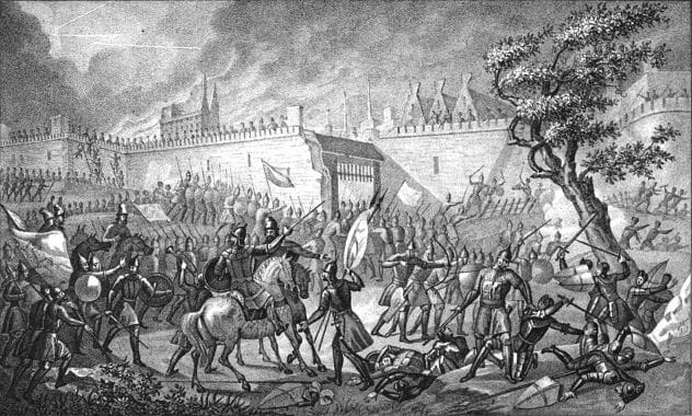 Painting depicting the Siege of Narva, relevant to Archibald Ruthven's era.