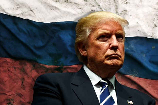 Montage of news headlines related to Trump and Russia