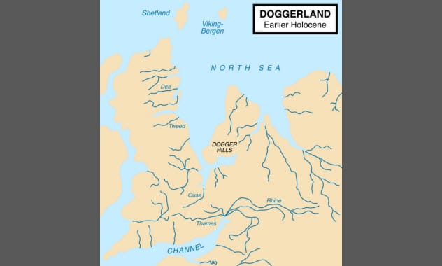 Map of Doggerland, a submerged landmass in the North Sea
