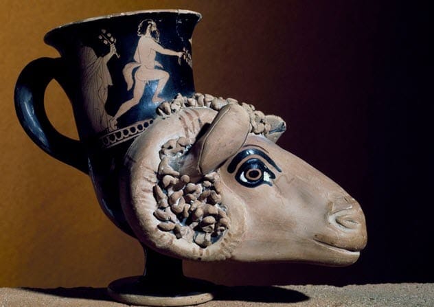 Ancient Greek pottery art depicting a goat