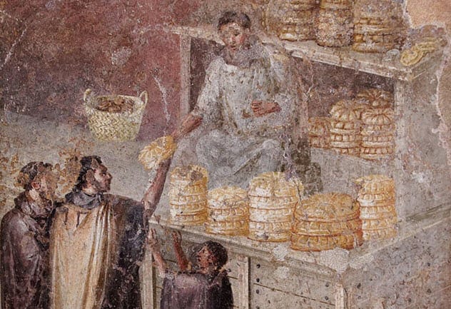 Roman fresco depicting bread and fruit in a still life