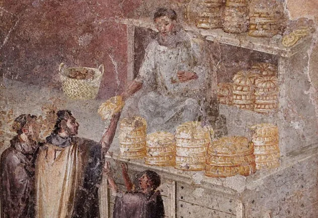 Roman fresco depicting bread and fruit in a still life