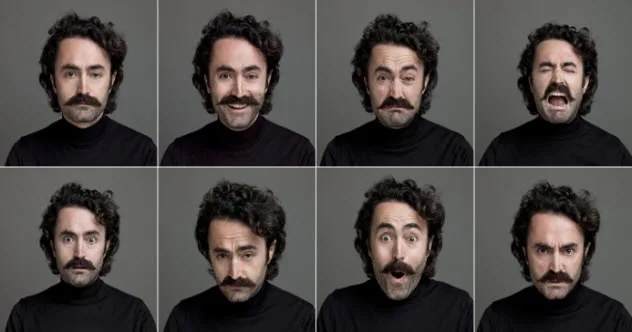 Images from Carney Landis's experiment on facial expressions, showing subjects reacting to stimuli.