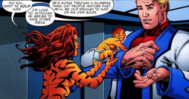 Comic panel showing Hank Pym with Tigra and her son