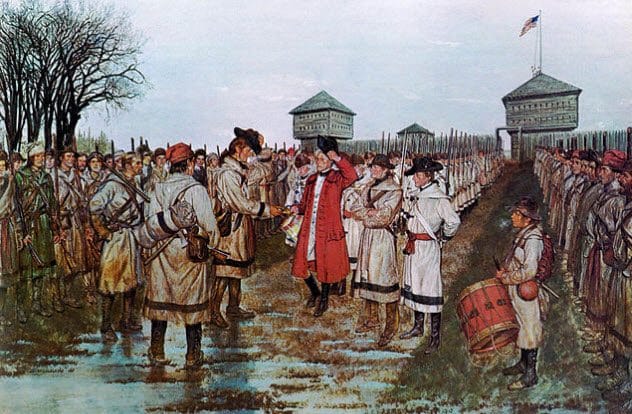 Henry Hamilton surrendering, known for buying scalps during the American Revolution