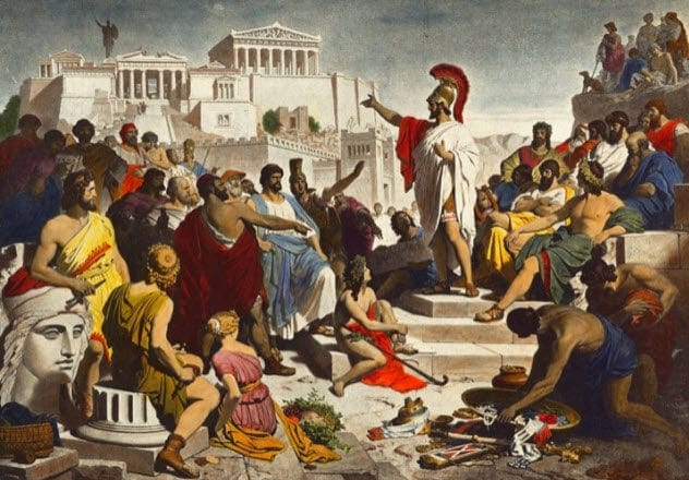 Ancient Greek refugees drinking wine