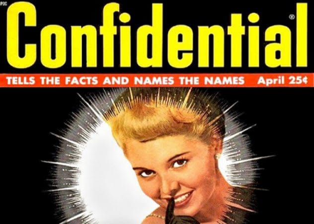 Cover of 'Confidential' magazine, known for celebrity gossip.