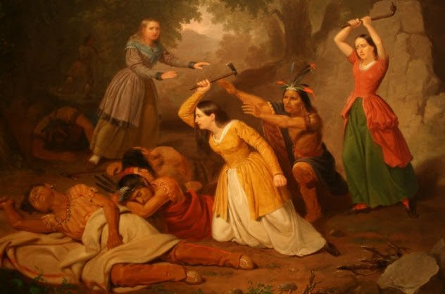 Illustration of Hannah Duston taking revenge on her Abenaki captors