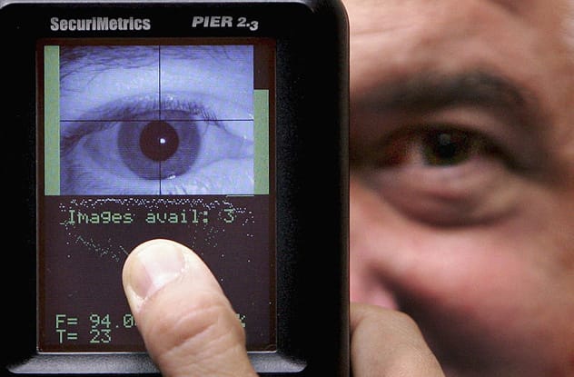 Abstract digital representation of facial recognition technology scanning a face