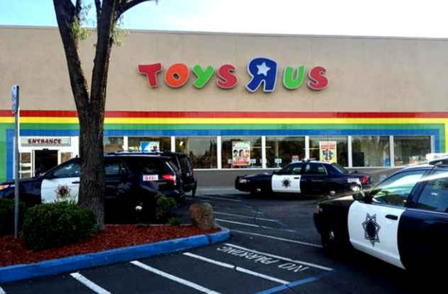 Exterior view of a Toys R Us store during holiday season
