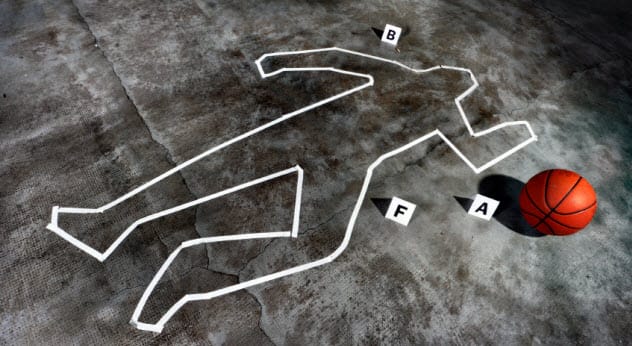 Chalk outline of a tall basketball player, symbolizing mortality