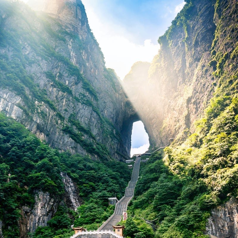 The awe-inspiring 'Stairway to Heaven' on Tianmen Mountain leading to Tianmen Cave in China.