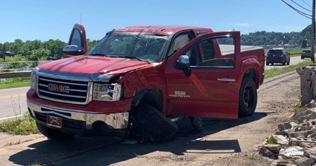 Jason Jenkins’ GMC truck with a broken axle during a low-speed chase.