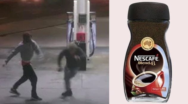 A man holding a broken jar of coffee