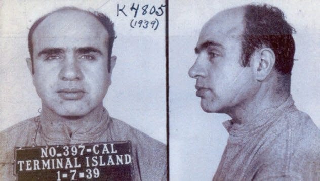 Mug shots showing Al Capone's appearance changing over time.
