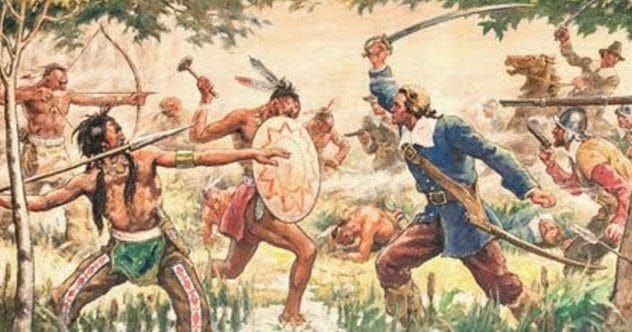 Illustration of the Pequot War, where scalp bounties began among settlers