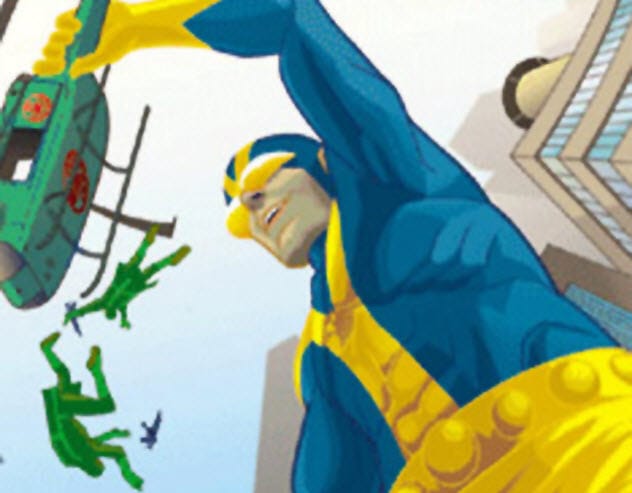 Comic panel of Hank Pym as Giant-Man towering over others