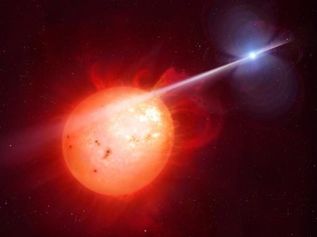 Artist's depiction of AR Scorpii, a white dwarf pulsar lashing a red dwarf star