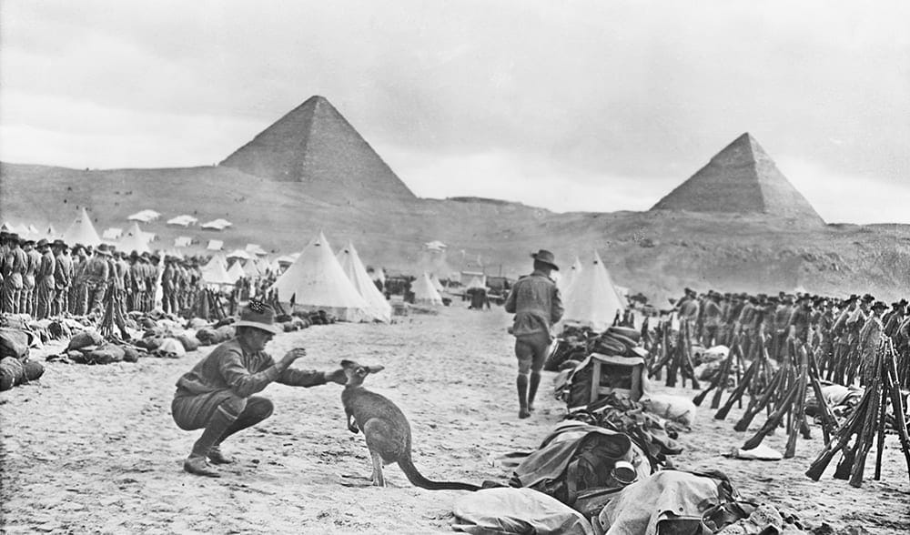Australian soldiers with a kangaroo in Egypt