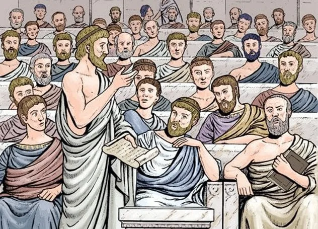 Representation of a large Athenian jury in a courtroom setting
