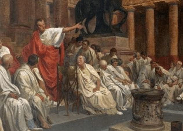Drawing of ancient Athenians being directed towards an assembly