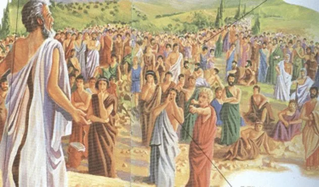 Illustration of Athenian citizens gathered for voting in an amphitheater