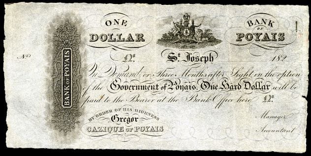A fabricated Poyais dollar bill