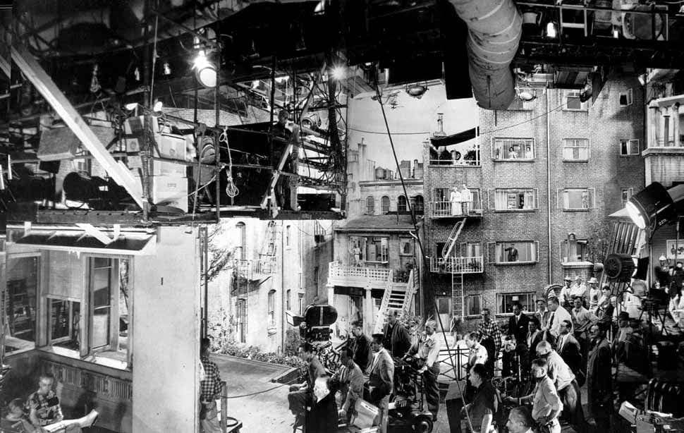 Behind the scenes of Rear Window with massive set design