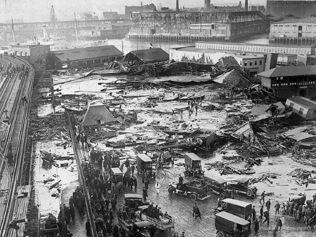 Historical image showing destruction after the Boston Molasses Flood in 1919