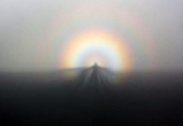 Brocken spectre optical illusion on a misty mountain, often linked to the Big Grey Man