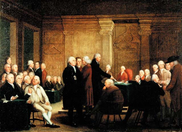 Historical painting of Congress voting for independence, symbolizing early governmental influence