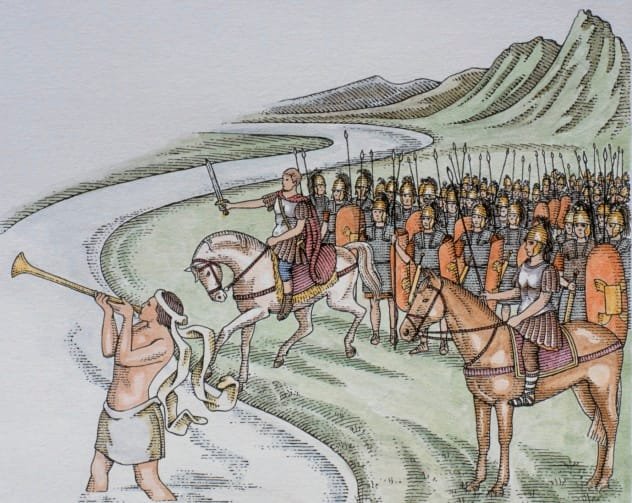 Painting depicting Julius Caesar and his army crossing the Rubicon river