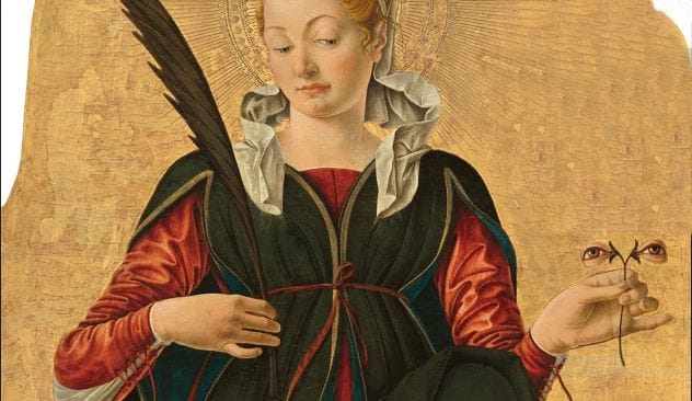Painting of Santa Lucia by Francesco del Cossa, depicting her holding a stem with two eyeballs