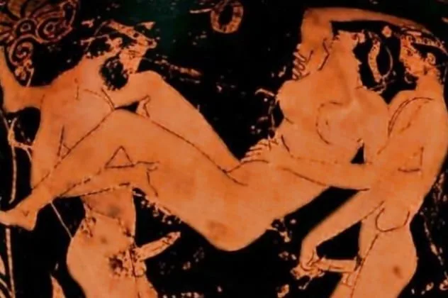 Ancient Greek pottery artwork depicting a sexual scene or orgy.