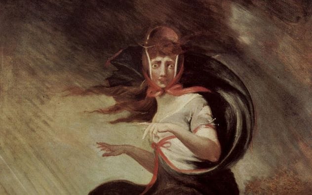 Mad Kate by Heinrich Füssli, an oil painting depicting a woman with a wild, unsettling stare and a dramatically flowing cape against a turbulent sky.