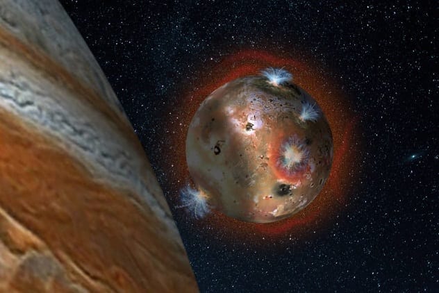 Composite image showing Io's atmosphere collapsing as it enters Jupiter's shadow