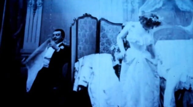 Still frame from the early erotic film 'Le Coucher de la Mariee' (1896).
