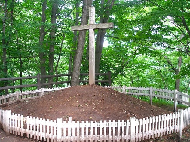 A wooden cross marking the supposed Tomb of Christ in Shingo, Japan.