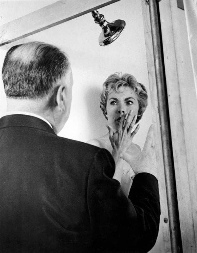 Alfred Hitchcock directing the shower scene in Psycho