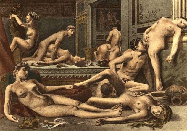 Painting depicting a lavish Roman orgy scene with reclining figures.