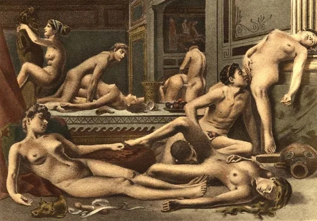 Painting depicting a lavish Roman orgy scene with reclining figures.